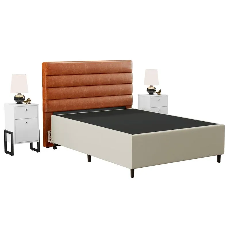 Cabeceira Com Base Box Casal 138cm E 2 Mesas De Apoio Hit Dif5 Couríssimo Camel/bege - Mpozenato