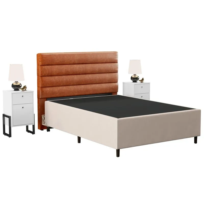 Cabeceira Com Base Box Casal 138cm E 2 Mesas De Apoio Hit Dif5 Couríssimo Camel/bege - Mpozenato