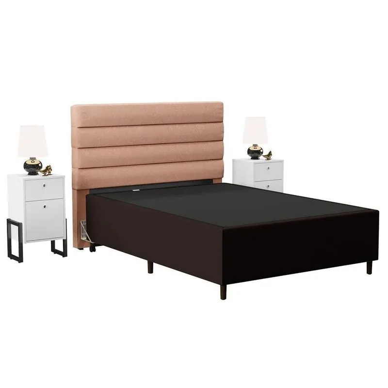 Cabeceira Com Base Box Casal 138cm E 2 Mesas De Apoio Marrom