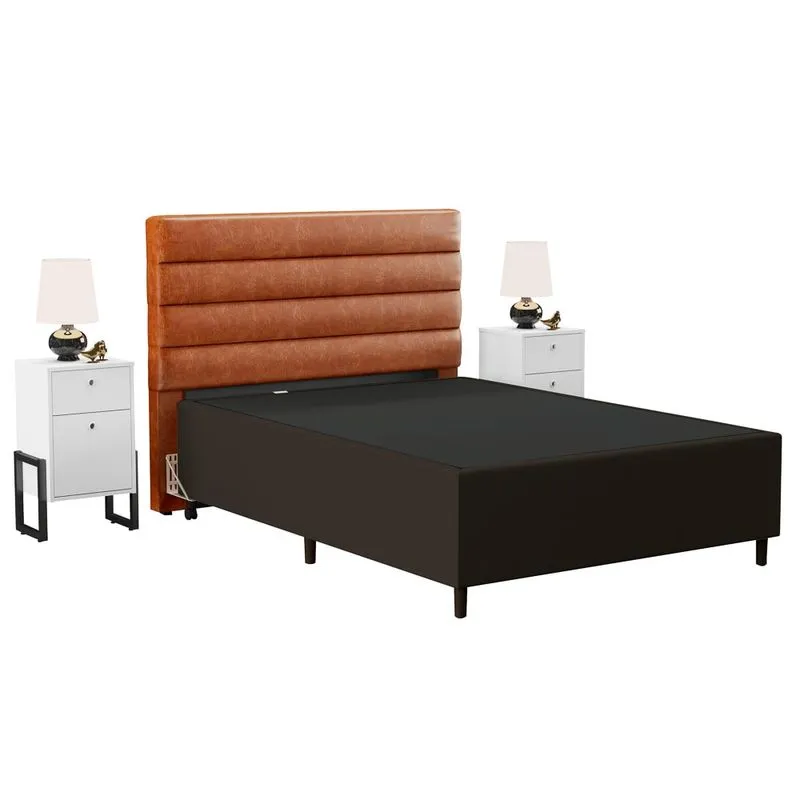 Cabeceira Com Base Box Casal 138x188cm E 2 Mesas De Apoio Hit Dif5 Suede Marrom/camel - Mpozenato