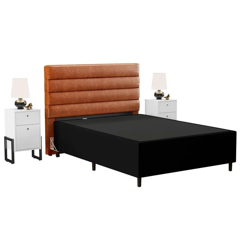 Cabeceira Com Base Box Casal 138cm E 2 Mesas De Apoio Hit Dif5 Couríssimo Camel/preto - Mpozenato