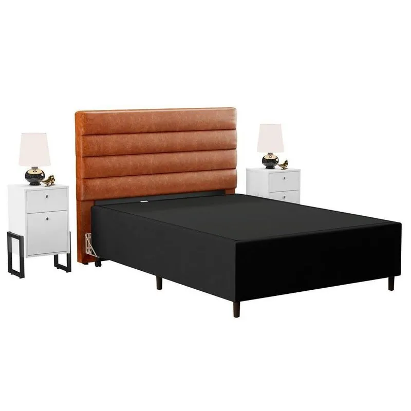 Cabeceira Com Base Box Casal 138cm E 2 Mesas De Apoio Preto