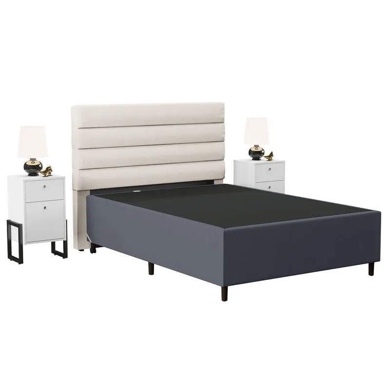 Cabeceira Com Base Box Casal 138x188cm E 2 Mesas De Apoio Hit Dif5 Suede Cinza/linho Cru - Mpozenato