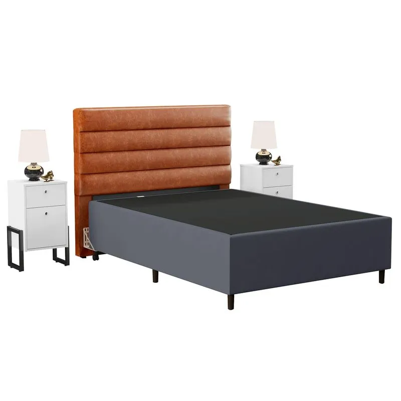 Cabeceira Com Base Box Casal 138cm E 2 Mesas De Apoio Hit Dif5 Couríssimo Camel/cinza - Mpozenato
