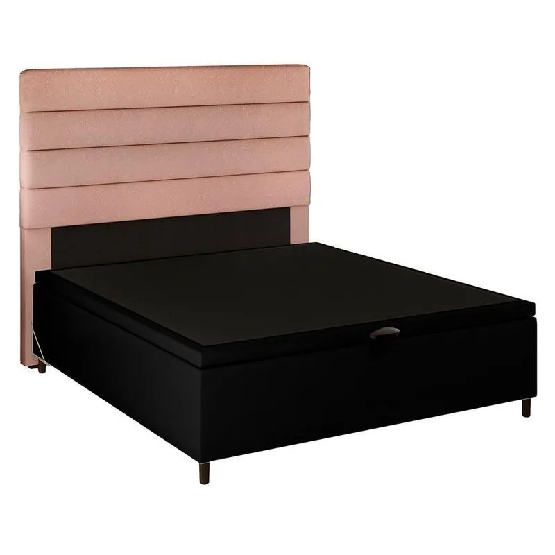 Cabeceira Com Base Cama Box Baú Casal 138x188cm Preto/rosê