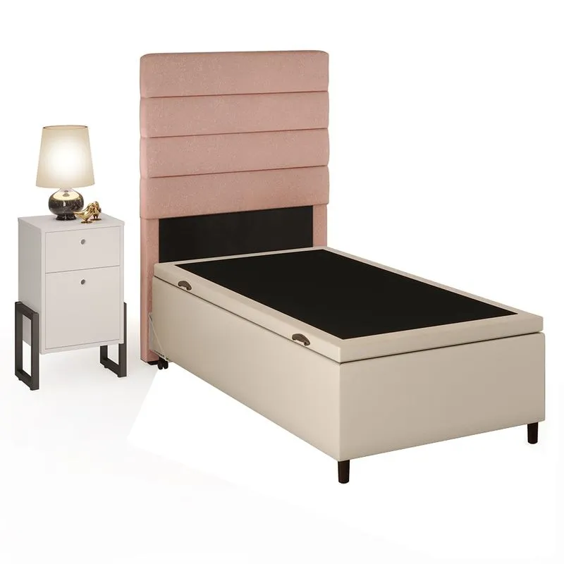Cabeceira Com Base Box Baú Solteiro 88cm E Mesa De Apoio Hit Dif5 Linho Rosê/bege - Mpozenato