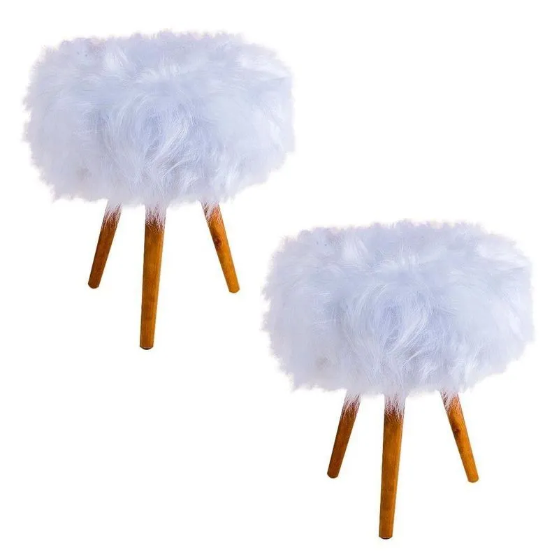 Kit 02 Puffs Decorativos Turim Mdf Pelúcia Branco