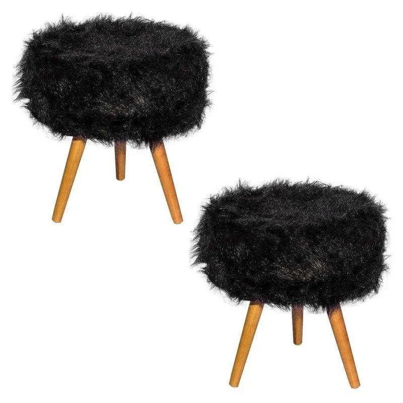 Kit 02 Puffs Decorativos Turim Mdf Pelúcia Preto