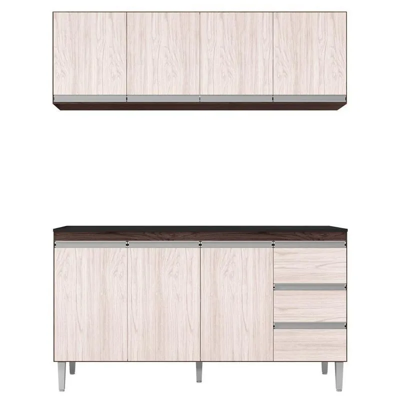 Balcão 160cm 3 Portas E Armário Aéreo 4 Portas Castanho