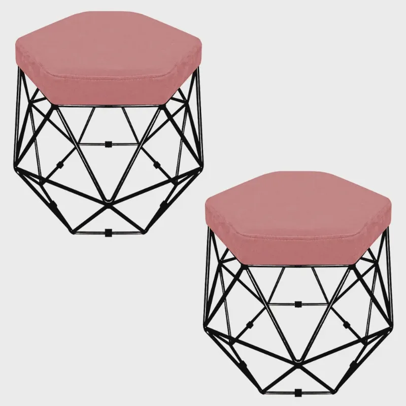 Kit 02 Puffs Banco Decorativo Aramado Hexagonal Base Eiffel Preta Suede Rosê - Desk Design