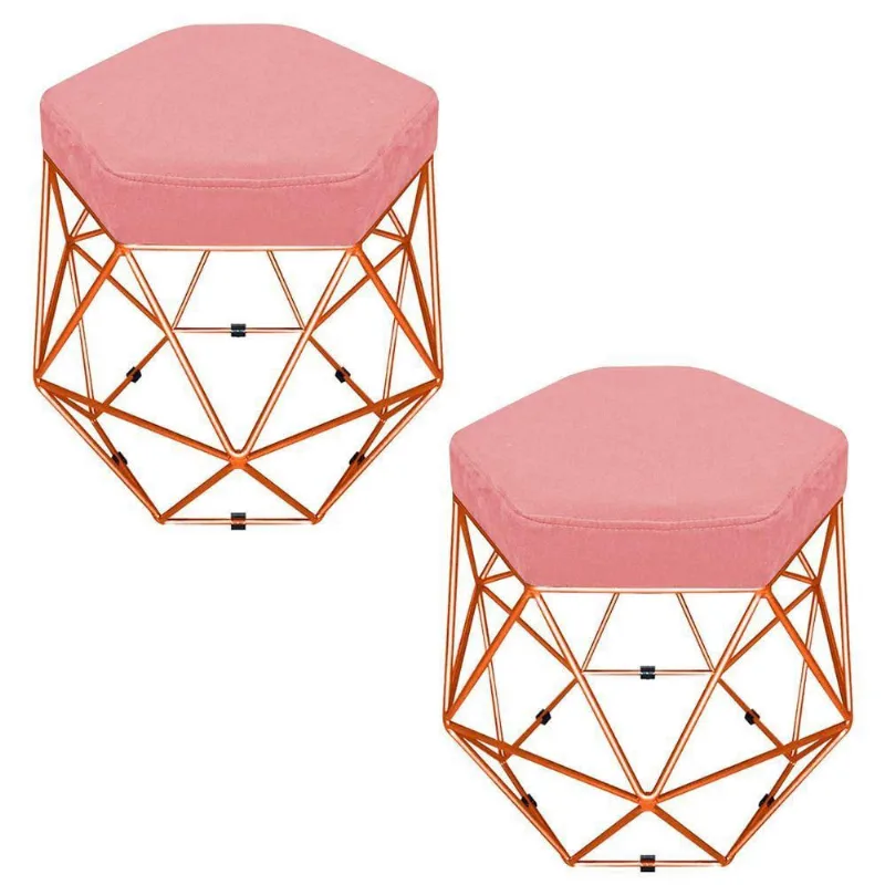 Kit 02 Puffs Banco Aramado Hexagonal Base Eiffel Bronze Rosê