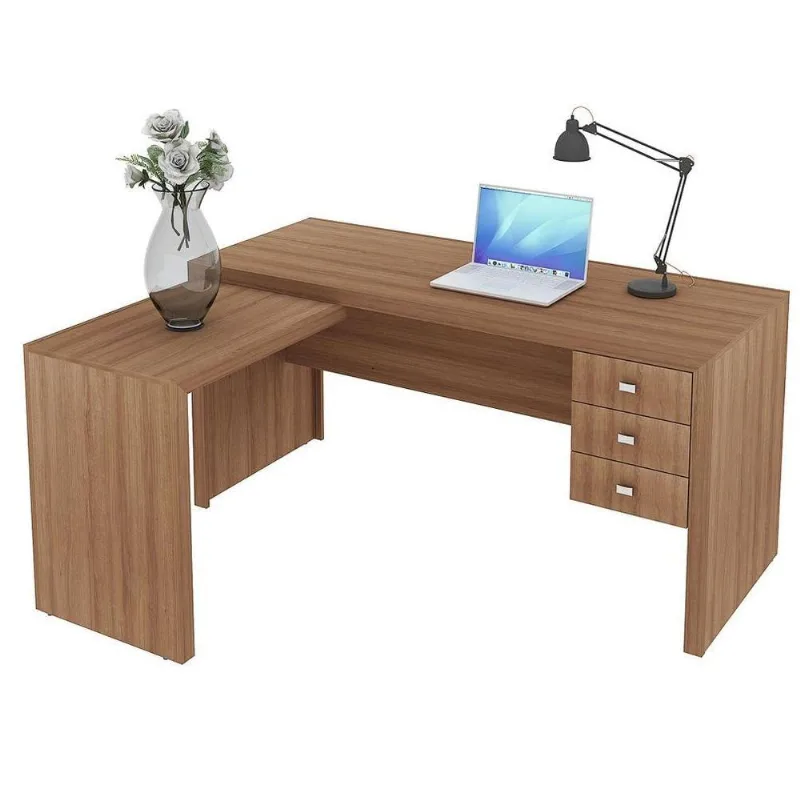 Mesa De Canto Para Escritório 3 Gavetas Me4106 Amêndoa