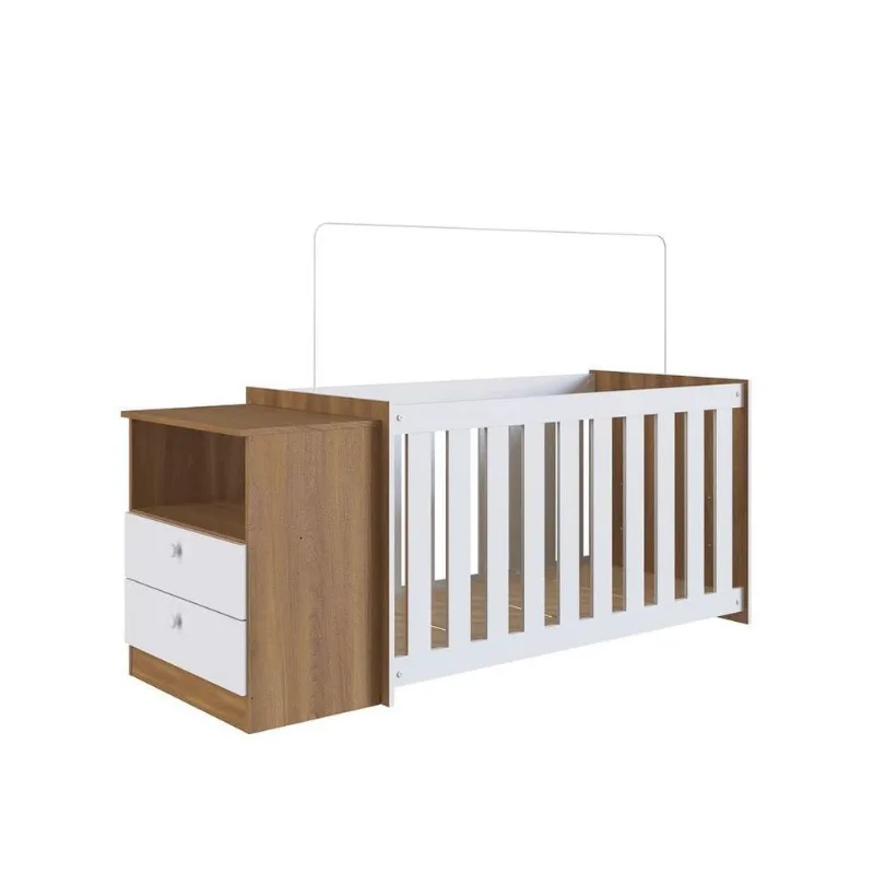 Berço Com Colchão E Cômoda 2 Gavetas Aconchego La016 Nogal/Branco