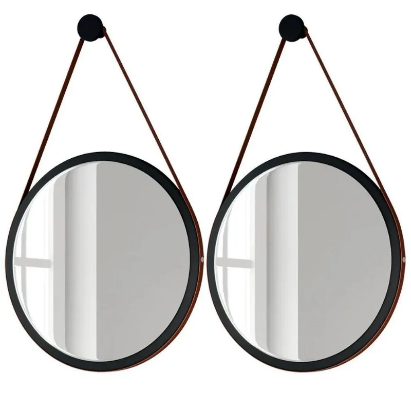 Kit 2 Espelhos Decorativos Redondos 54cm Com Alça Adnet Escandinavo H01 Preto - Mpozenato
