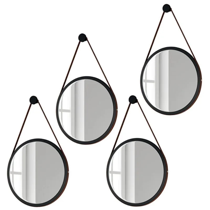 Kit 4 Espelhos Redondos 54cm Com Alça Escandinavo H01 Preto