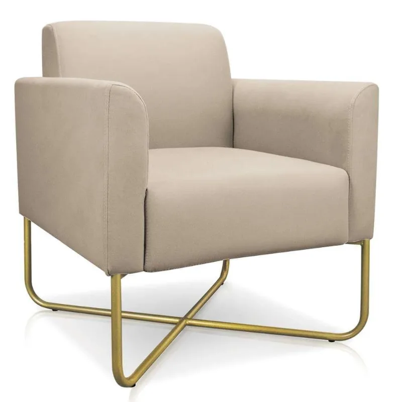 Poltrona Decorativa Base Industrial X Dourada Maressa S03 Suede Bege - Ibiza