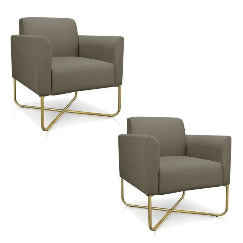 Kit 2 Poltronas Decorativas Base Industrial X Dourada Maressa S12 Suede Marrom Rato - Ibiza