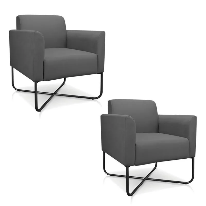 Kit 2 Poltronas Decorativas Base Industrial X Preta Maressa S08 Suede Grafite - Ibiza