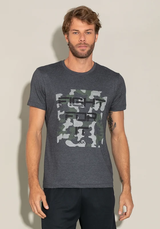 Camiseta Manga Curta For Men Slim Azul Marinho Com Silk Fight For It Dlk CINZA / M