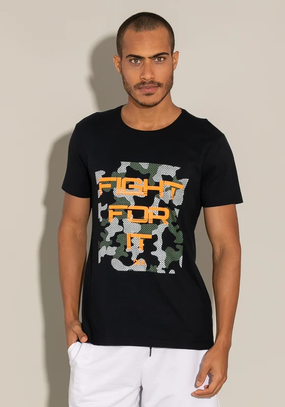 Camiseta Manga Curta For Men Slim Turquesa Com Silk Fight For It Dlk PRETO / GG
