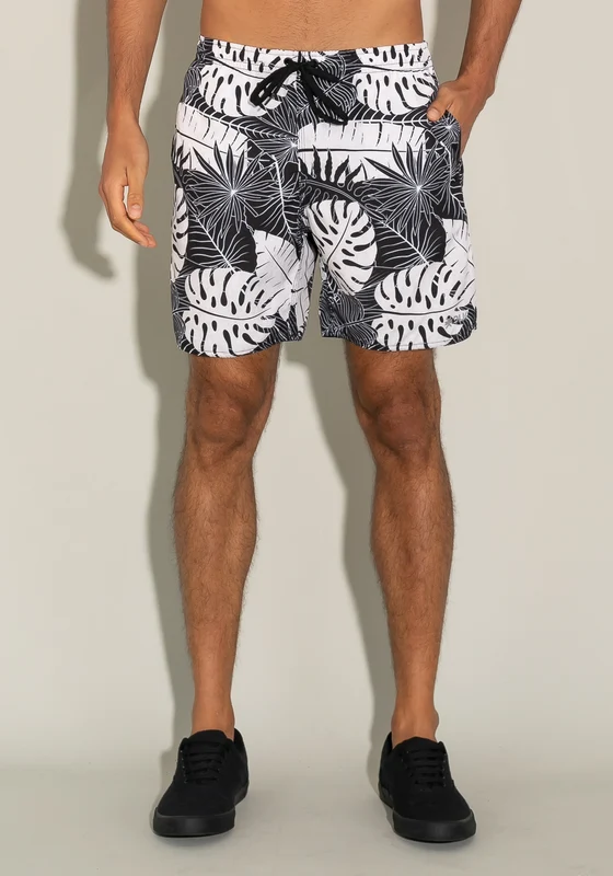 Short For Men Com Bolso E Cadarço Estampa Folhas Étnicas Dlk PRETO E BRANCO / P