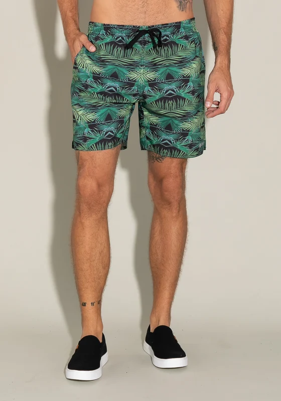 Short For Men Com Bolso E Cadarço Estampa Folhas De Palmeira Dlk VERDE / M