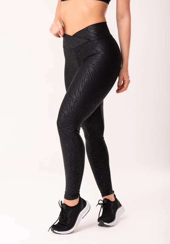 Calça Legging Shine Preto Texturizada Com Cós Transpassado Dlk PRETO / GG