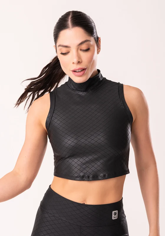 Cropped Shine Preto Textura Quadriculada Com Gola Alta Dlk PRETO / P