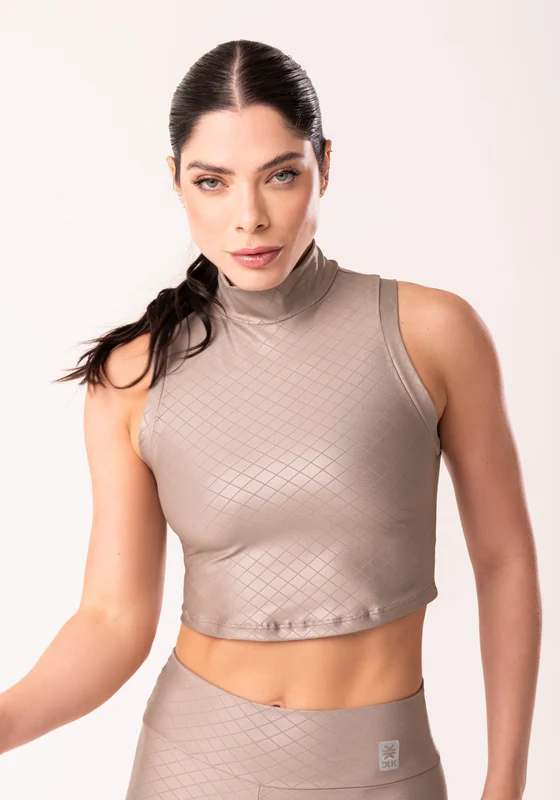 Cropped Shine Nude Textura Quadriculada Com Gola Alta Dlk NUDE / M