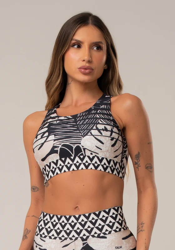 Top Printed Estampado Folhas Étnicas Modelo Nadador Dlk PRETO E BRANCO / G