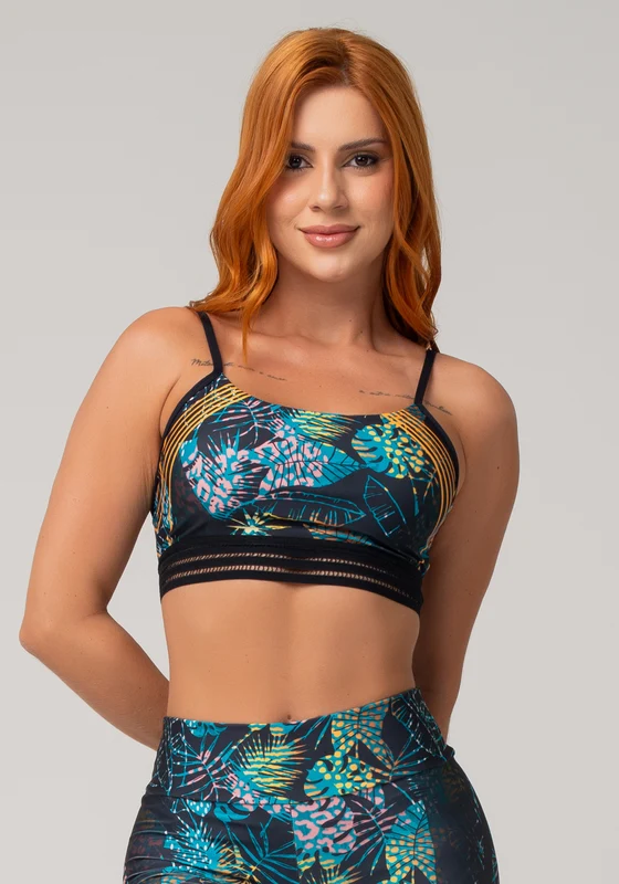 Top Fitness Feminino Com Elástico New Printed Estampado Folhagem Onça Dlk COLORIDO / M