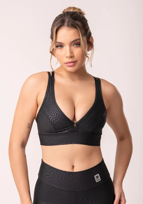 Top Com Bojo Shine Preto Texturizado Ondas Com Alças Cruzadas Costas Dlk PRETO / P
