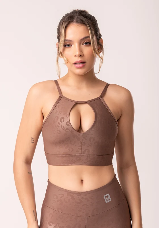 Top Shine Marrom Texturizado Onça Decote Gota Dlk MARROM / P
