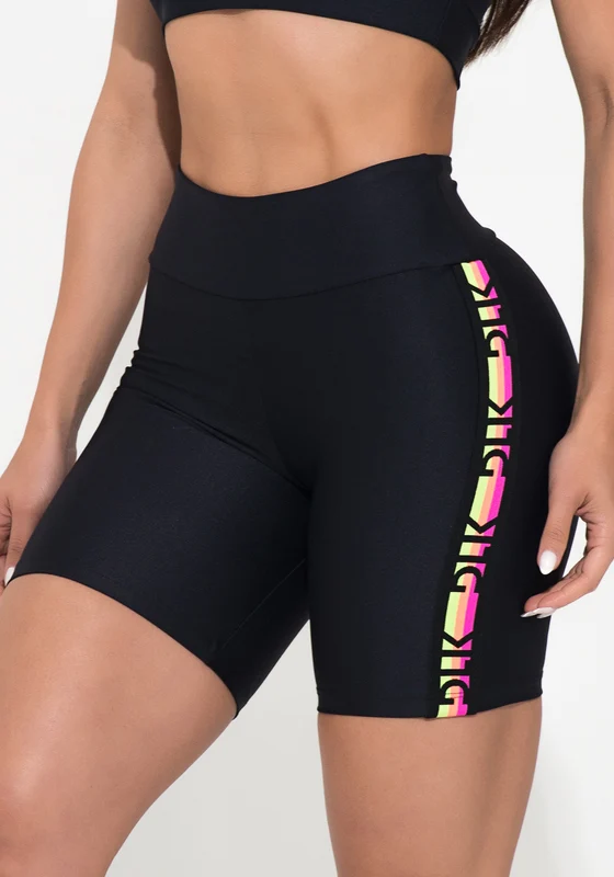 Bermuda Fitness Feminina Preta Elástico Lateral Colorido Action Dlk PRETO / GG