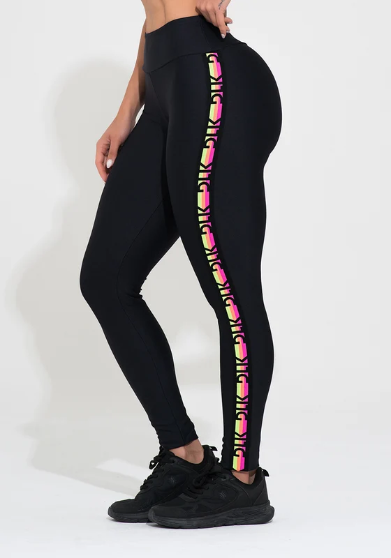 Legging Fitness Feminina Preta Elástico Lateral Colorido Action Dlk PRETO / GG