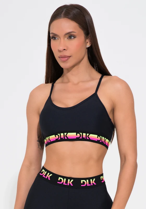 Top Fitness Feminino Preto Com Bojo E Elástico Colorido Action Dlk PRETO / G