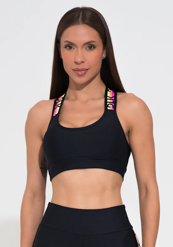 Top Fitness Feminino Preto Com Bojo E Elástico Cruzado Costas Action Dlk PRETO / GG