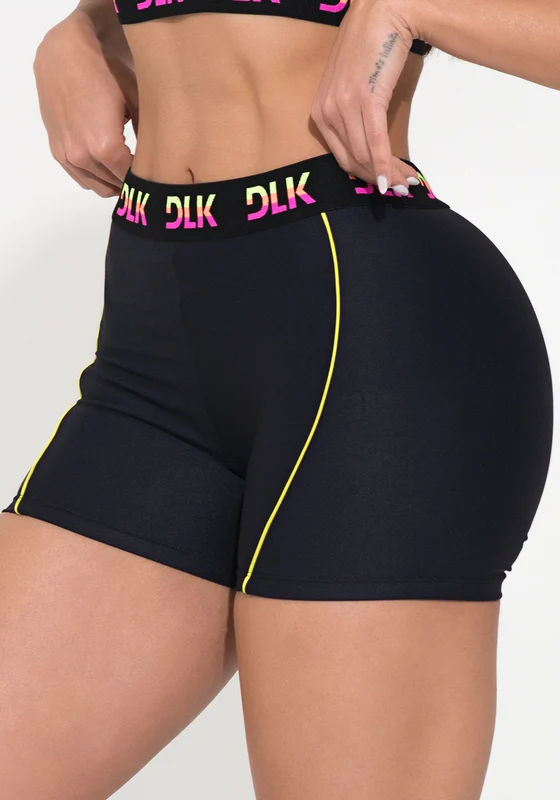Short Fitness Feminino Preto Elástico Colorido Na Cintura Action Dlk PRETO / P