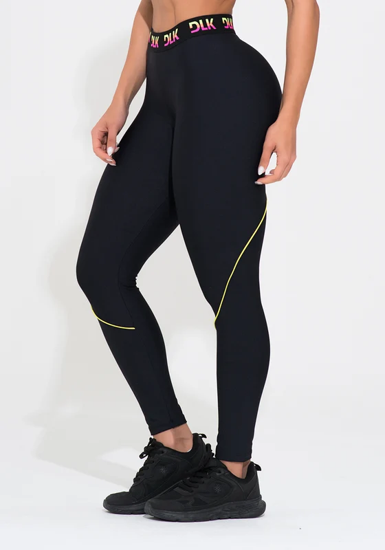 Legging Fitness Feminina Preta Elástico Colorido Na Cintura Action Dlk PRETO / M