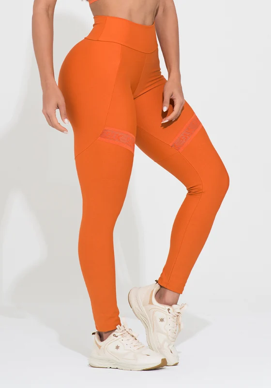 Legging Fitness Feminina Laranja Com Recorte E Elástico Vazado Action Dlk LARANJA / G