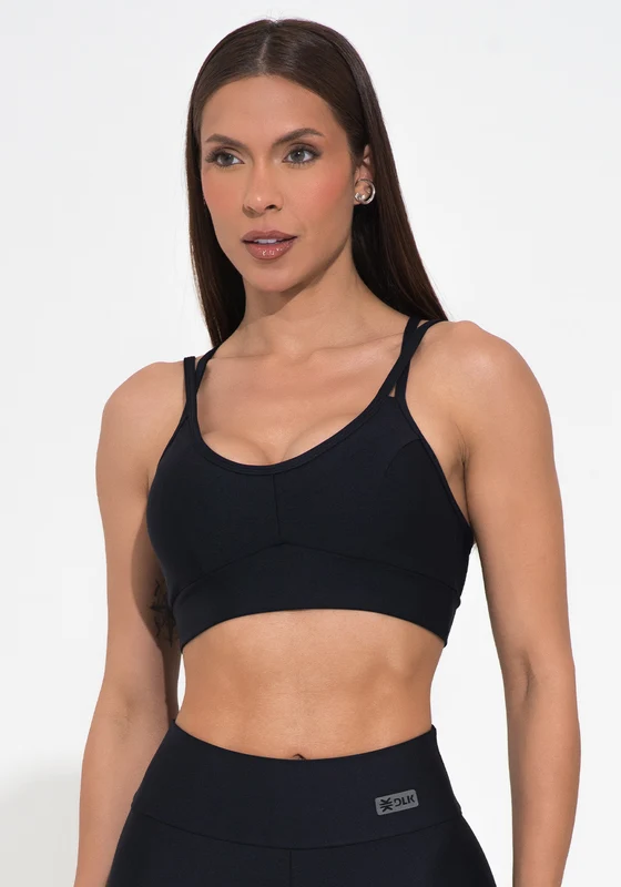 Top Fitness Feminino Preto Com Recorte E Alça Dupla Action Dlk PRETO / GG