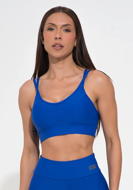 Top Fitness Feminino Azul Com Recorte E Alça Dupla Action Dlk AZUL / P