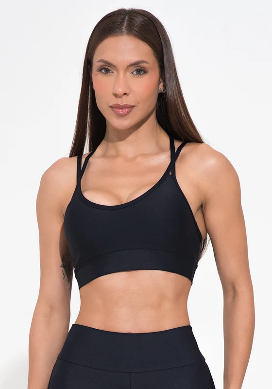 Top Fitness Feminino Com Bojo Preto Alça Dupla E Elástico Vazado Action Dlk PRETO / GG