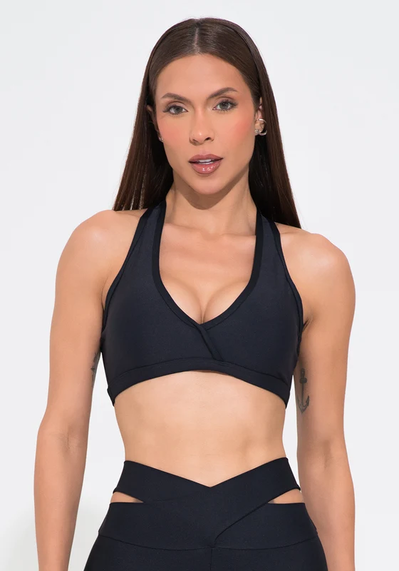 Top Fitness Feminino Preto Decote Transpassado Action Dlk PRETO / G
