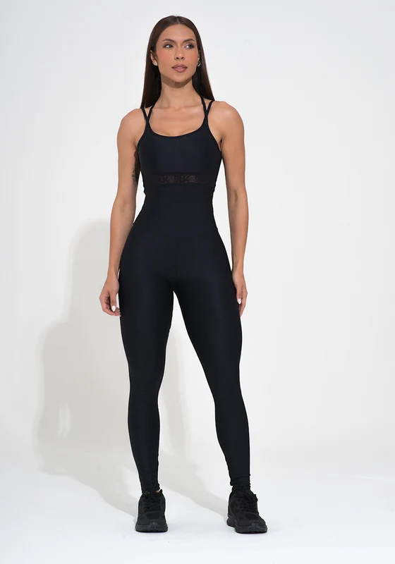 Macacão Fitness Feminino Preto Alça Dupla e Elástico Vazado Action Dlk PRETO / G