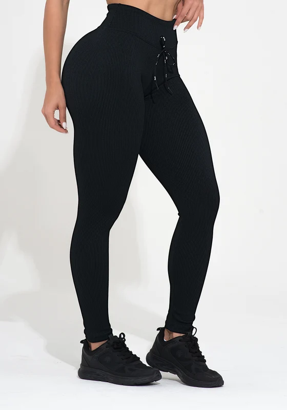 Legging Fitness Feminina Preta Canelada com Cadarço Action Dlk PRETO / P