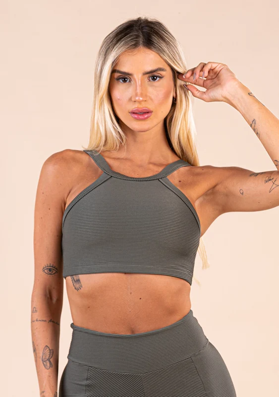 Top Fitness Feminino Chumbo Canelado Decote Alto Action Dlk CINZA / P