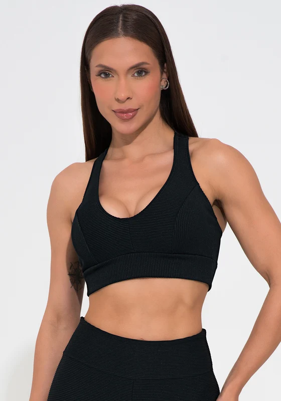 Top Fitness Feminino Preto Canelado Modelo Nadador Action Dlk PRETO / M