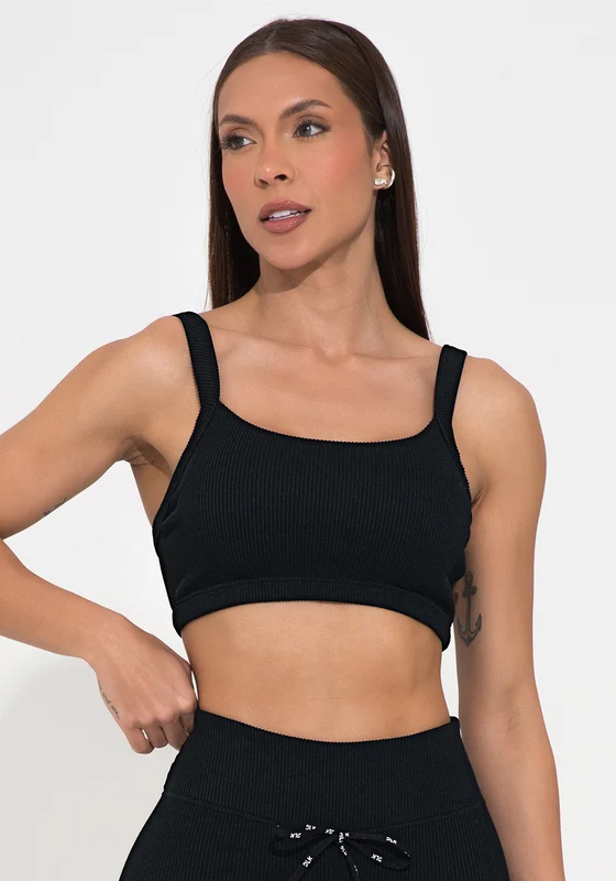Top Fitness Feminino com Bojo Preto Canelado Action Dlk PRETO / P
