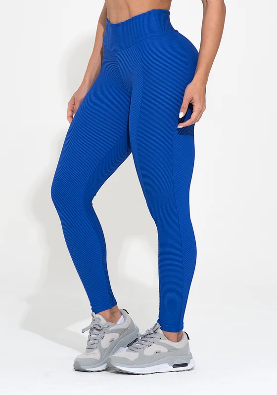Legging Fitness Feminina Azul Canelada Com Recorte Action Dlk AZUL / G